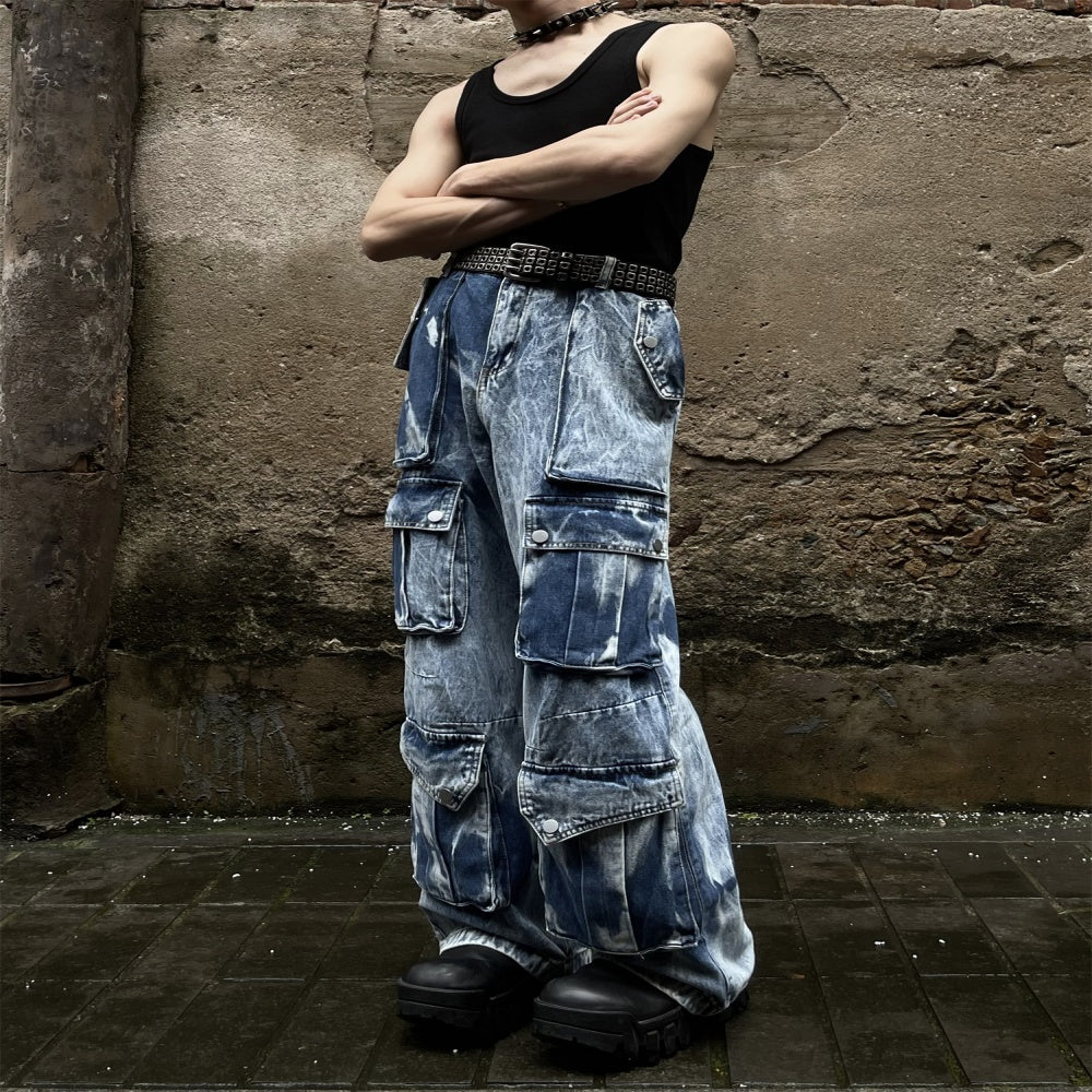 Retro Multi-pocket Tie-dye Cargo Jeans Loose Straight Trousers