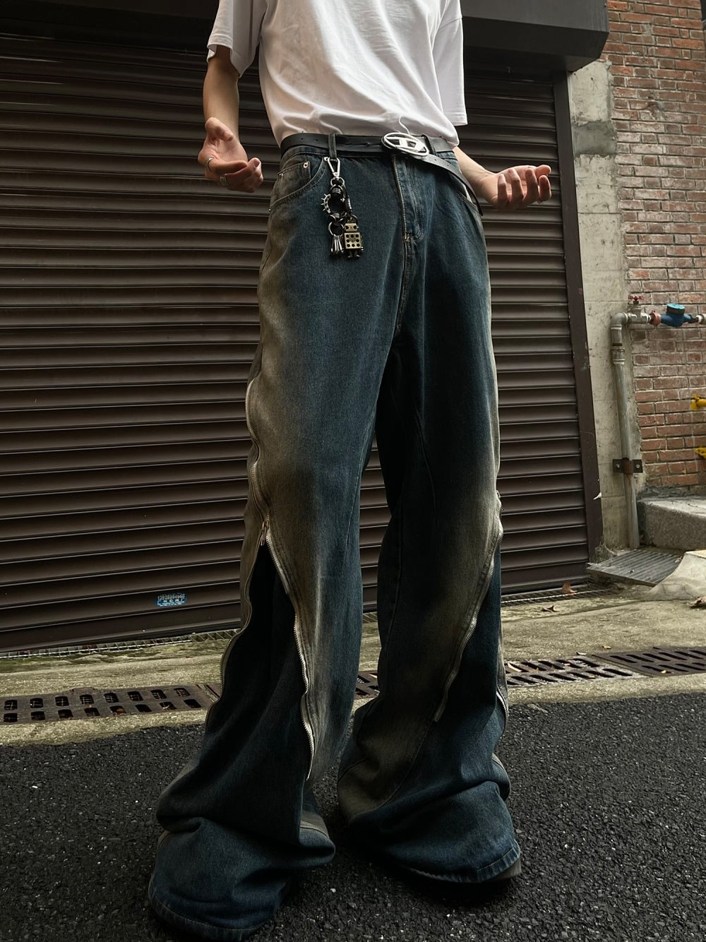 Men's Loose Double Zipper Yellow Mud Color Slightly Flared Jeans
