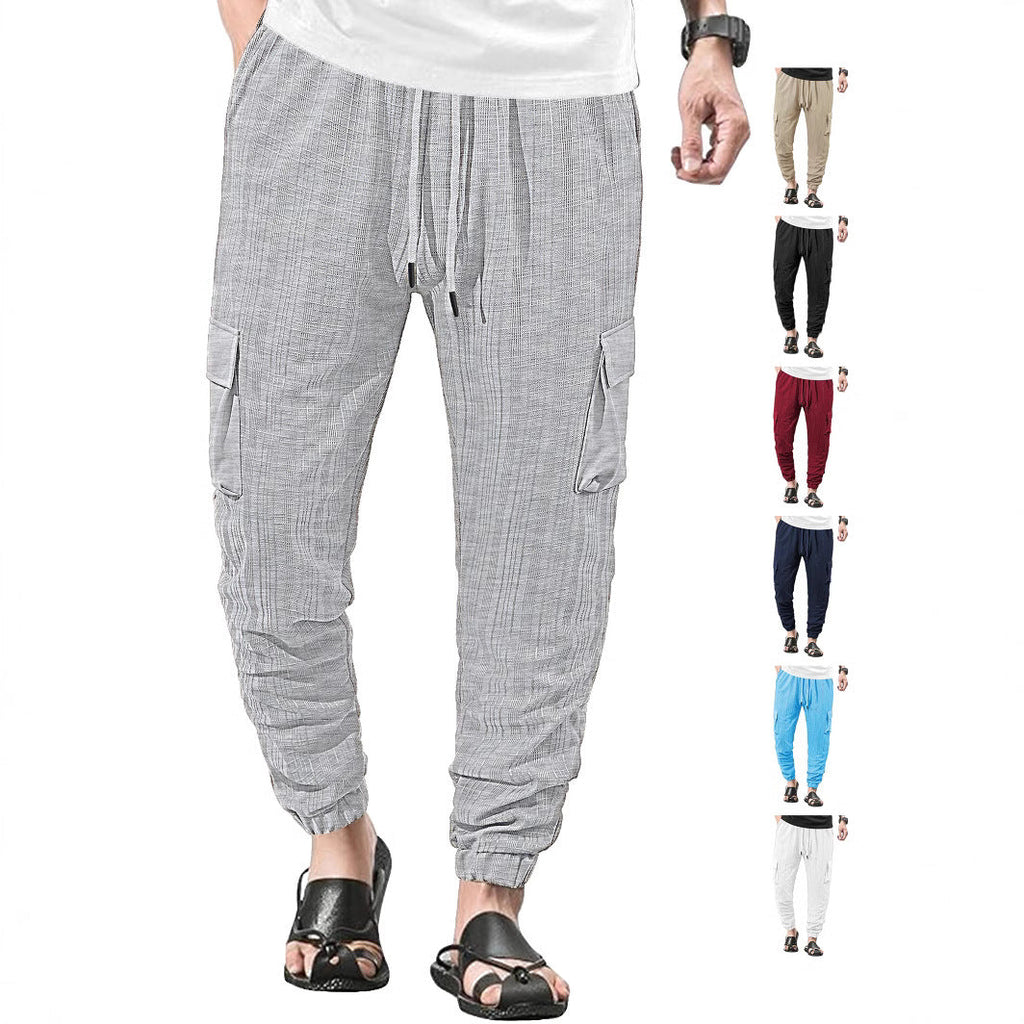 Loose Breathable Micro Elastic Lace-up Imitation Linen Plaid Men's Casual Pants Overalls