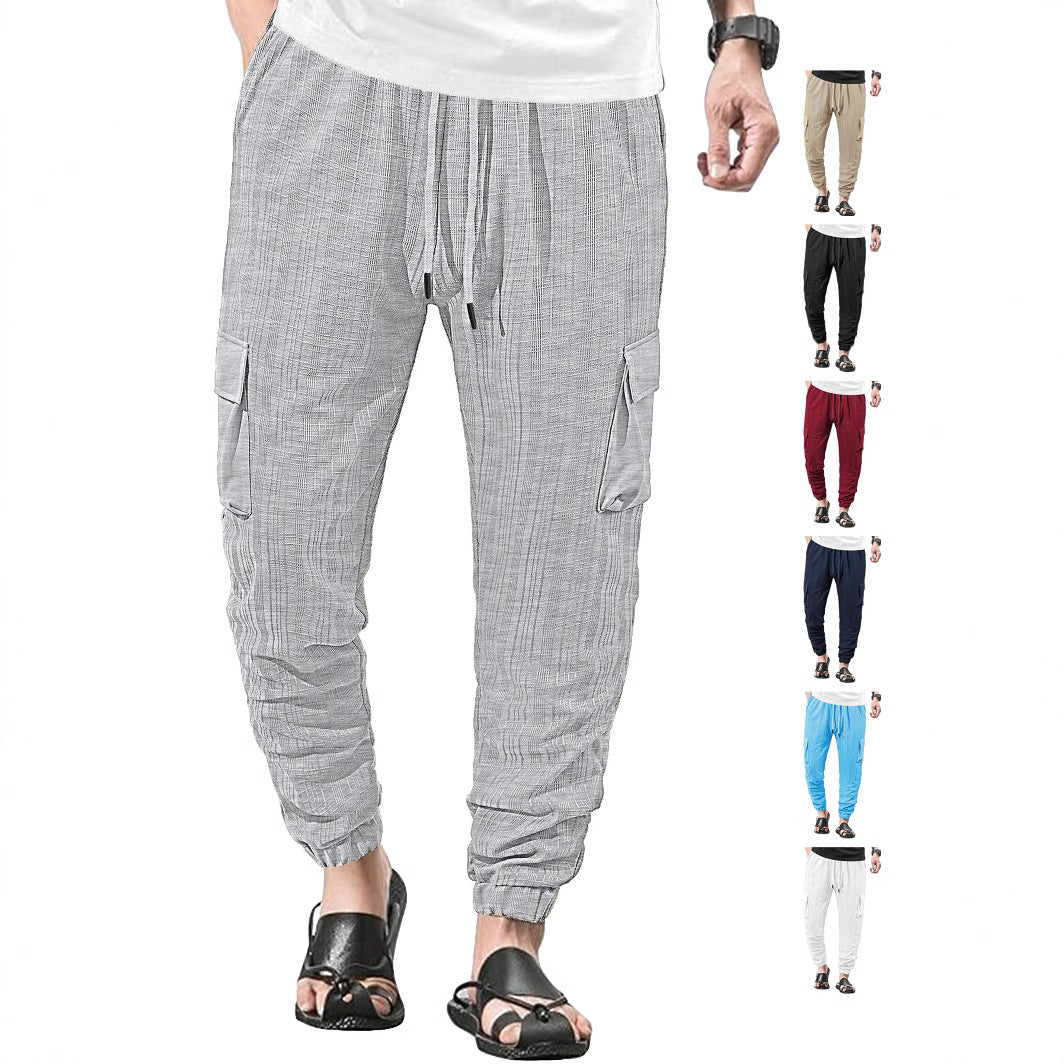 Loose Breathable Micro Elastic Lace-up Imitation Linen Plaid Men's Casual Pants Overalls