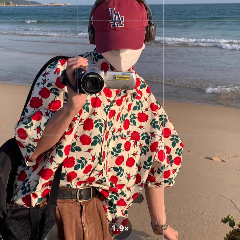 Summer Port Style Retro Rose-printed Short-sleeved Shirt