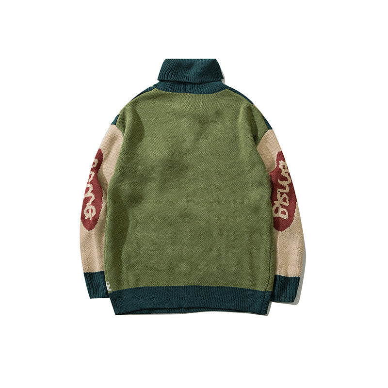 Hong Kong Style Neutral Jacquard Personality Loose Sweater All-match High Collar