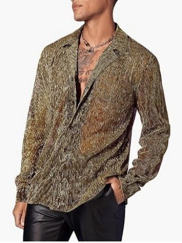 Shiny Crystal See-through Lapel Long Sleeve Shirt