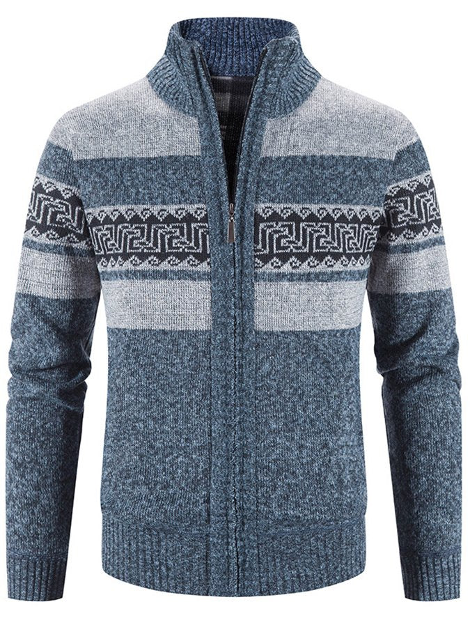 Casual Men's Hooded Color Block Printed Cardigan Knitted Cardigan Sweater Jacket