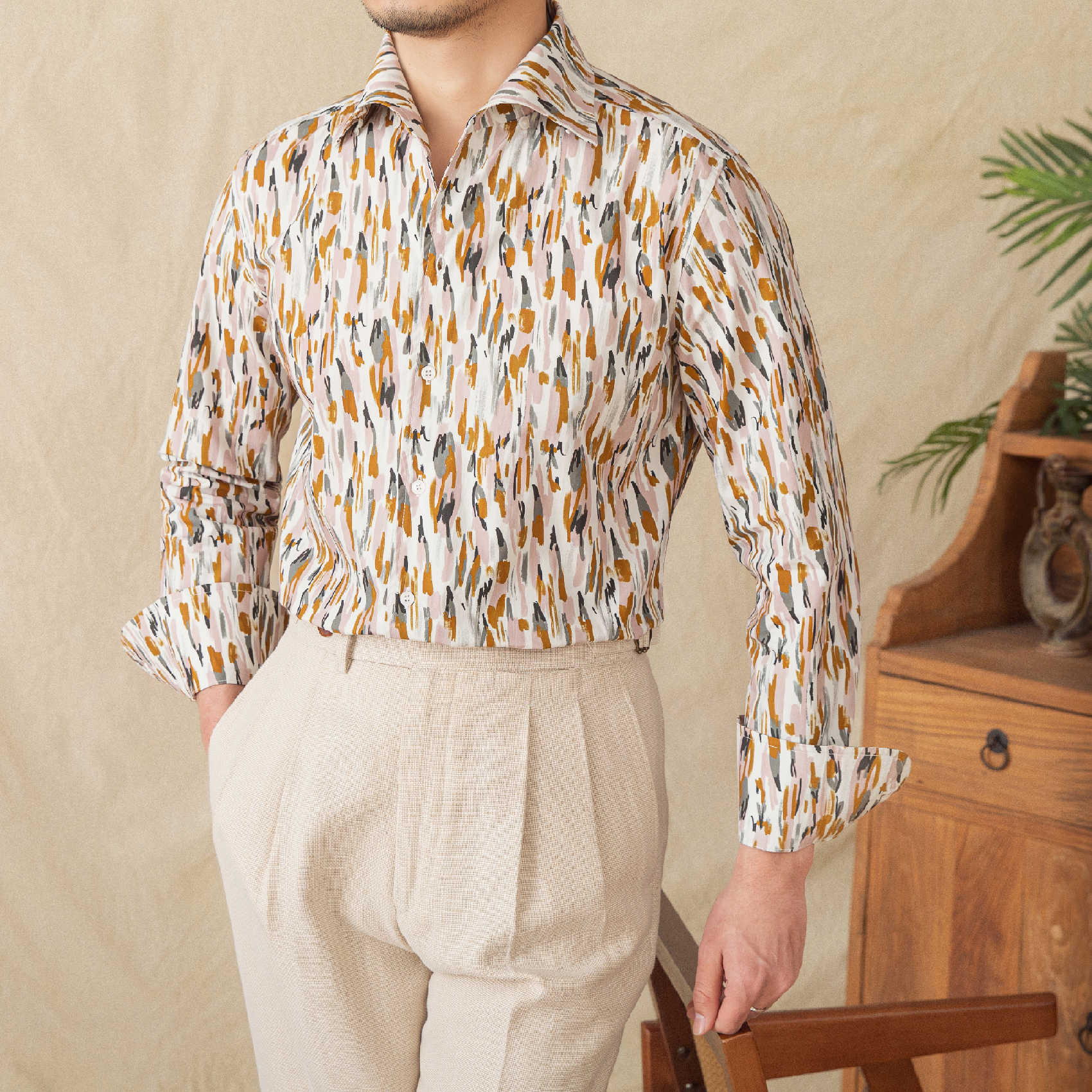 Men's Floral Long-sleeved Cardigan Cotton Shirt