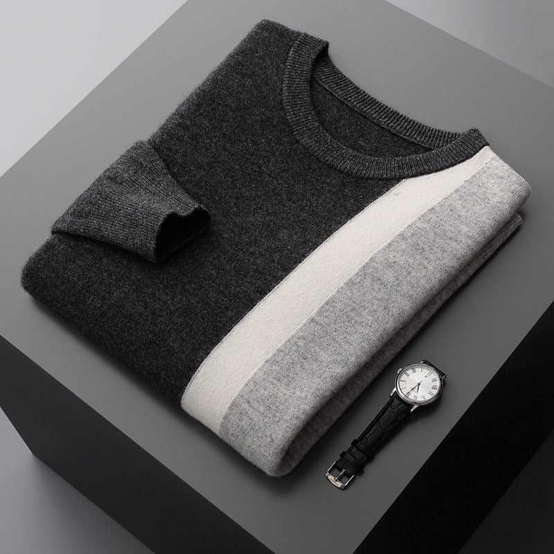 Men's Round Neck Color Block Pullover Casual Loose Knit Bottoming Shirt