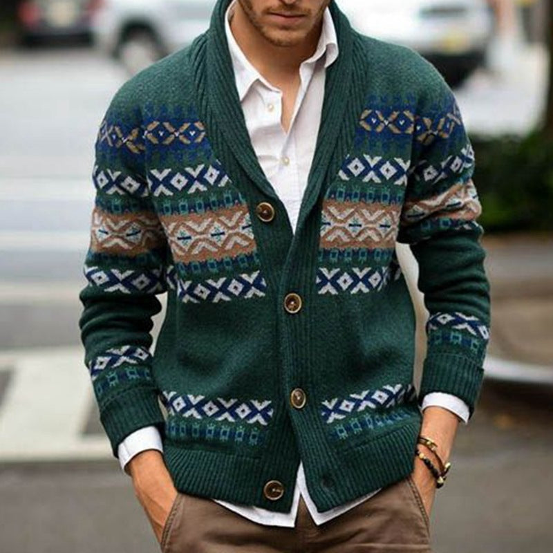 Lapel Long Sleeve Jacquard Sweater Coat