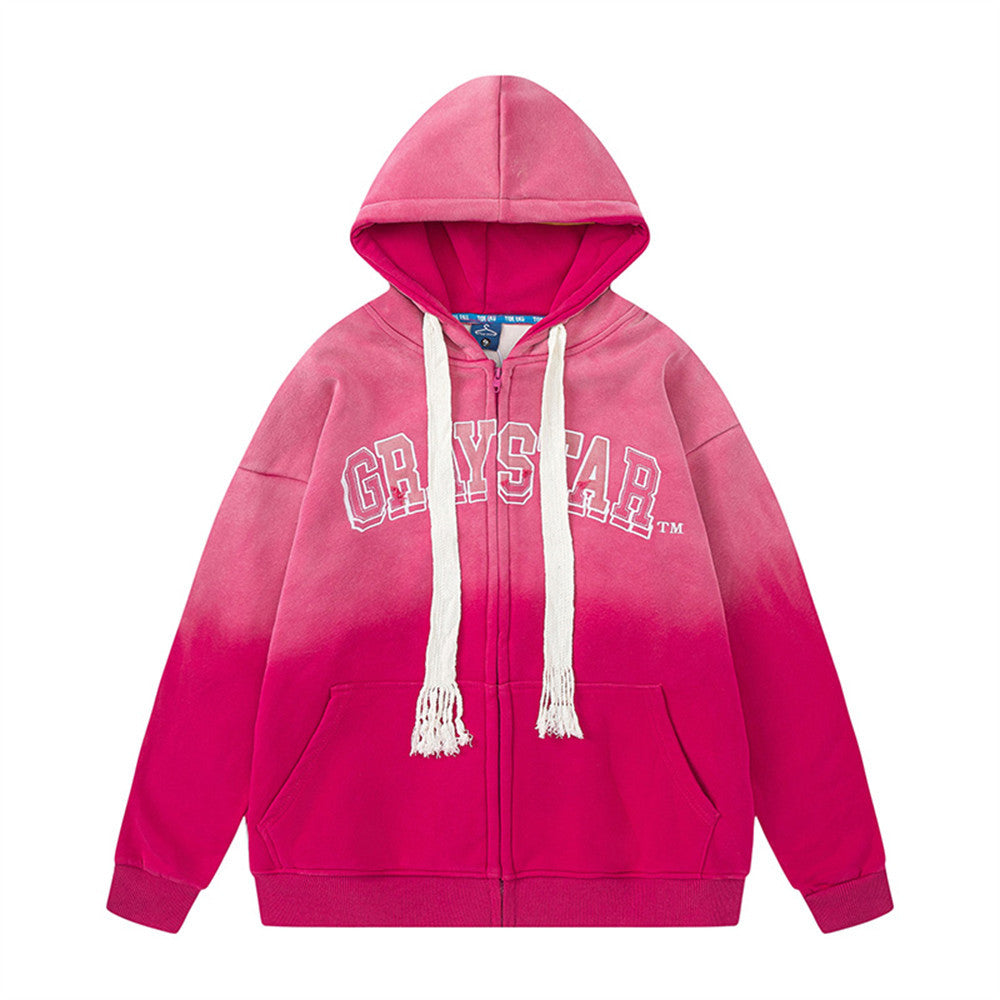 Gradient Paint Embroidery Letters Hooded Fleece Lined Sweater