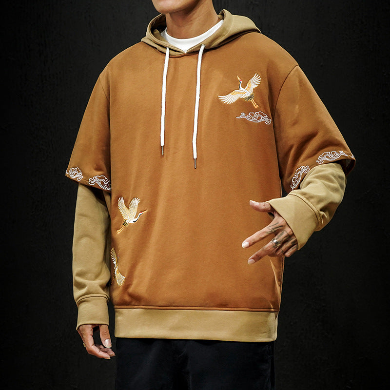 Crane Embroidered Hooded Long Sleeve Top