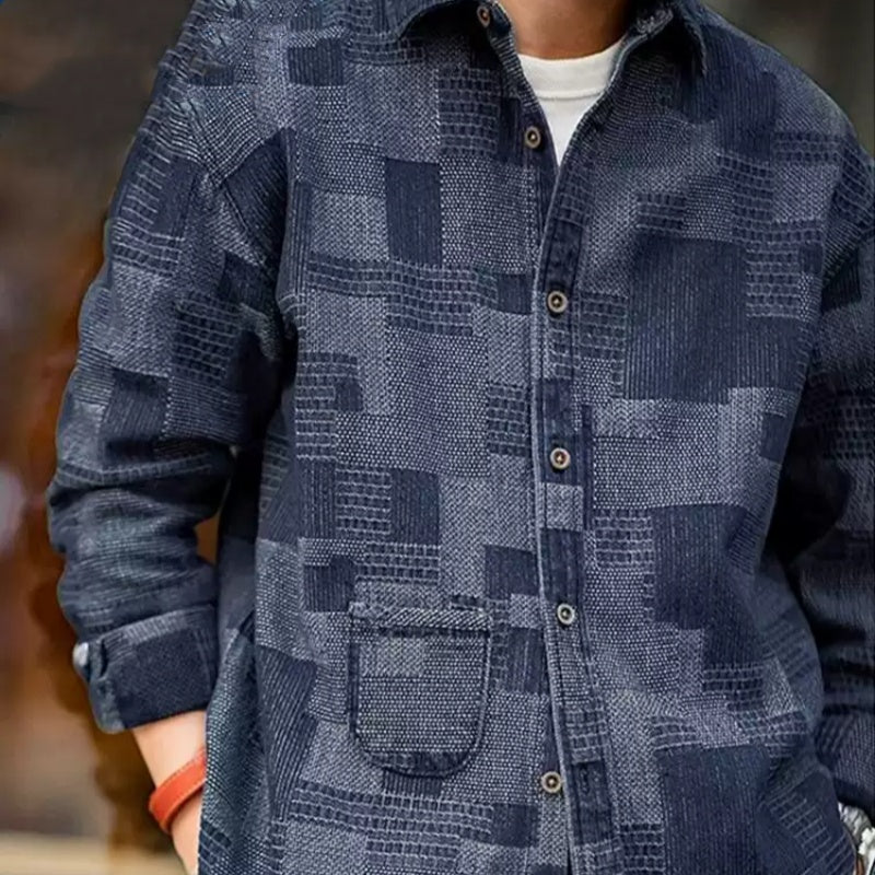 Denim Shirt Plaid Stitching Casual Long Sleeve Shirt