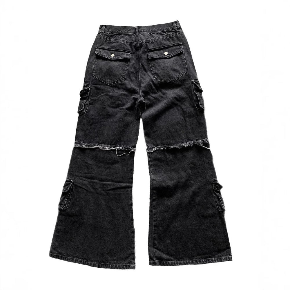 Multi-pocket Black Jeans Loose Drag