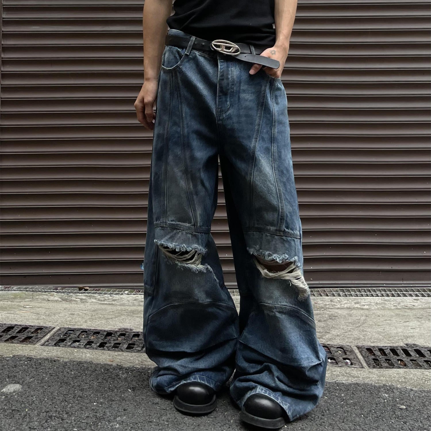 Men's American Distressed A-line Splicing Deconstructed Jeans