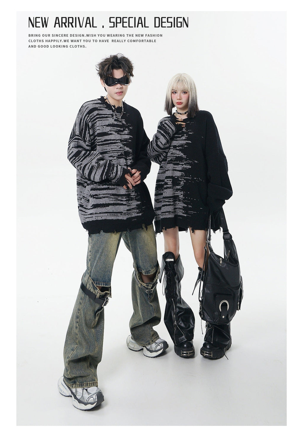 Zebra Pattern Color Matching Ripped Tassel Loose Round Neck Knitted Sweater