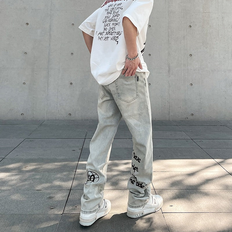 American Vintage Washed Distressed Yellow Mud Dye Letter Print Jeans