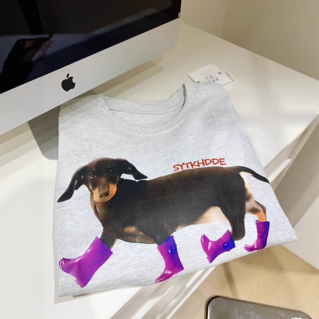 Niche Sausage Dog Print Short Sleeved T-shirt Loose
