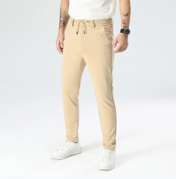 Drawstring Waist Slim Straight Stretch Dress Pants