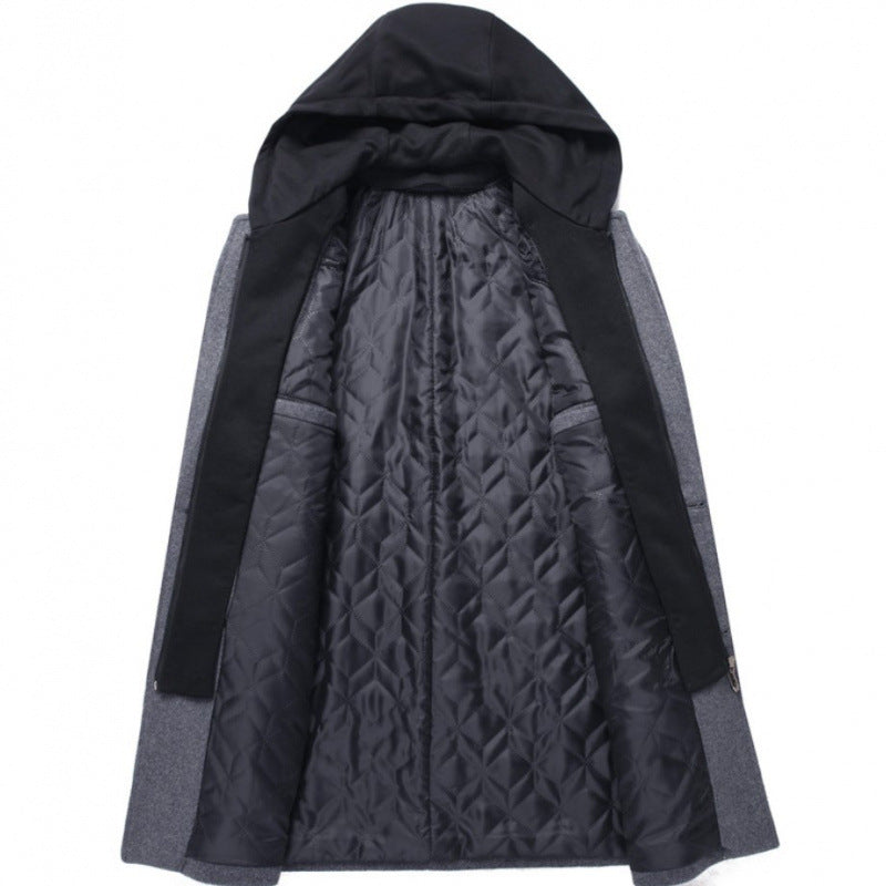 Men's Casual Woolen Coat Mid-length Detachable Hat Jacket