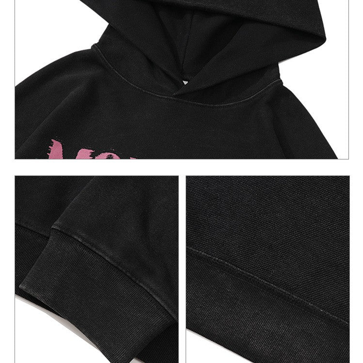 Washed And Worn Large Print Hoodie Loose Heavy Weight Terry Sweater