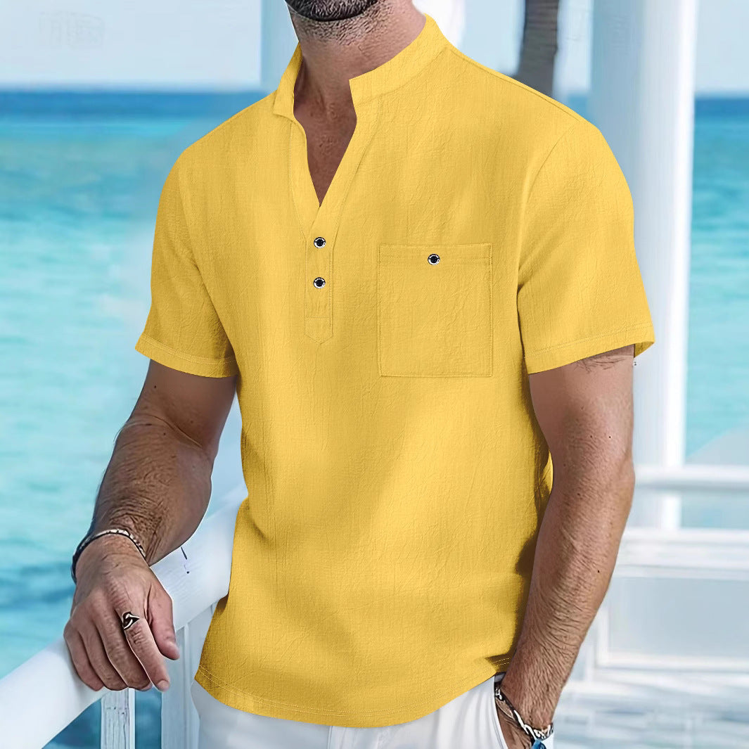 Stand Collar T-shirt Linen Short Sleeve Shirt Men