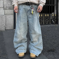 American-style Side Double-oblique Pleated Washed Wide-leg Jeans