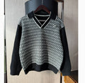 Stitching Contrast Color V-neck Houndstooth Sweater Loose