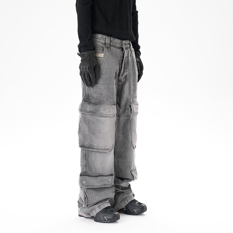Distressed Multi-pocket Casual Loose Straight-leg Denim Overalls