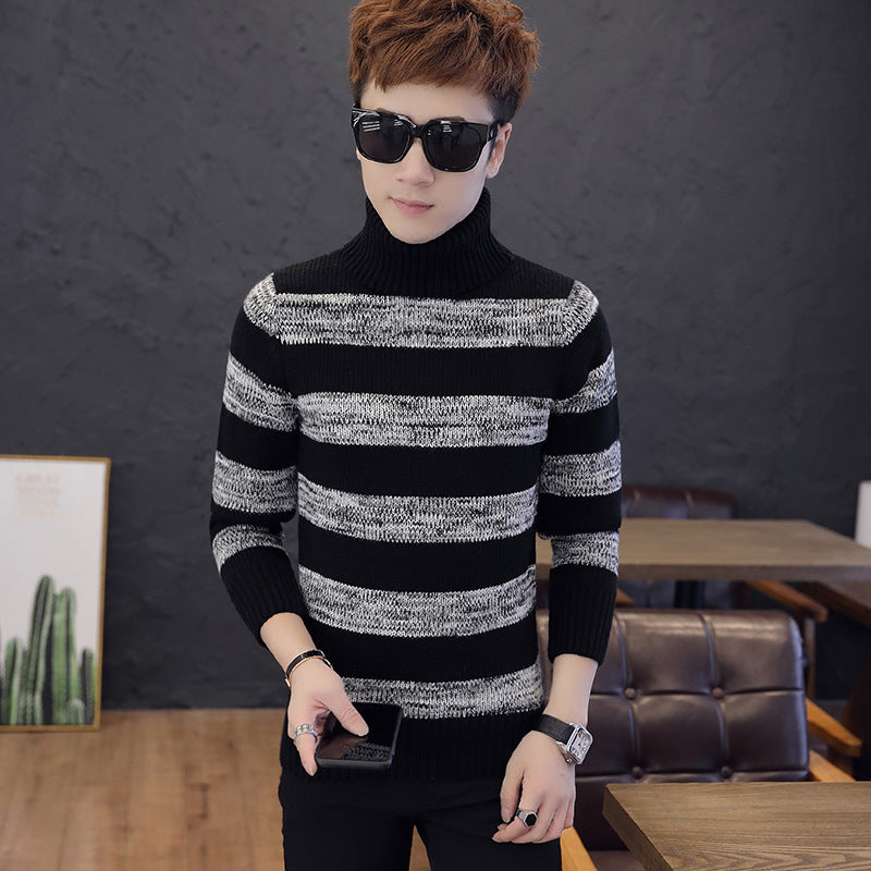 Knit Sweater Thick Warm Casual Stripes Men's Turtleneck Sweate
