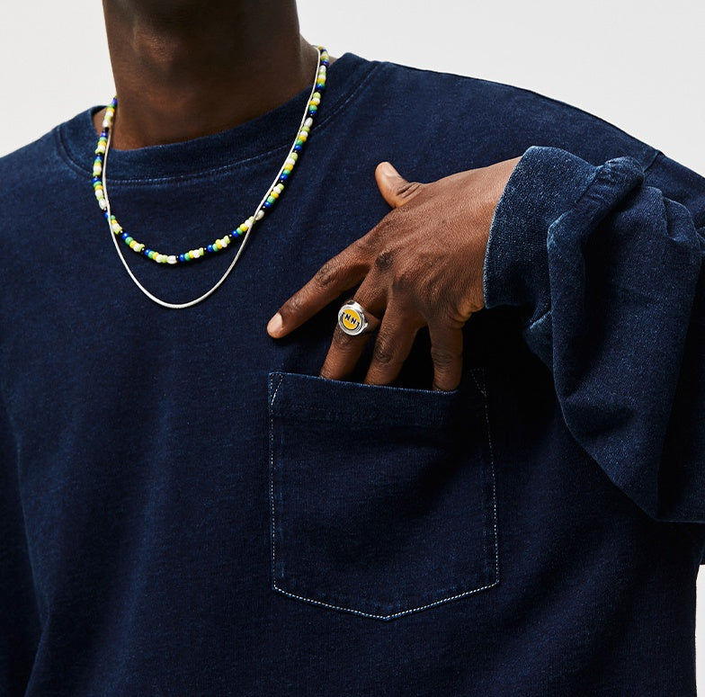 Men's Blue Dyed Knitted Denim Long Sleeve T-shirt Pocket Decoration Wash Water Top
