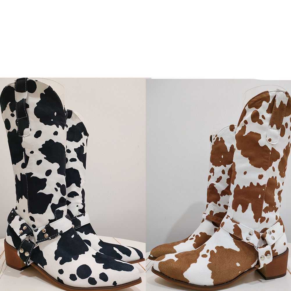 High Tube Faux Fur Thick Heel Low Heel Round Toe Viscose Shoes Solid Color Fashion Boots