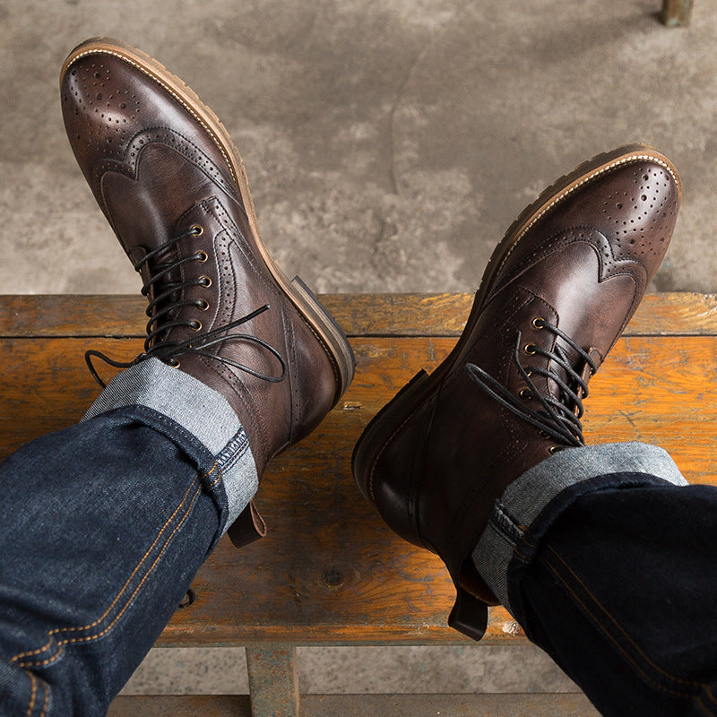 First Layer Cowhide Men's High-top Leather Boots Men's British Brock Martin Boots