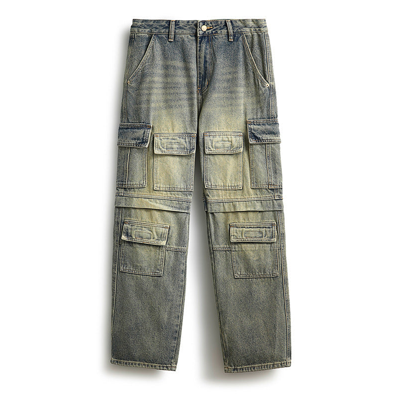 Washed Worn Jeans Men's Multi-pocket Loose Trousers