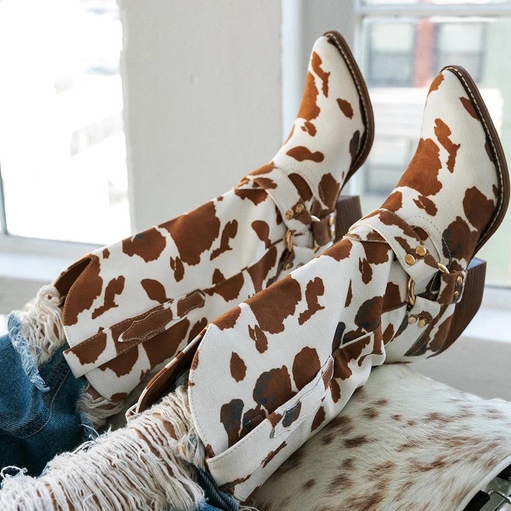 High Tube Faux Fur Thick Heel Low Heel Round Toe Viscose Shoes Solid Color Fashion Boots