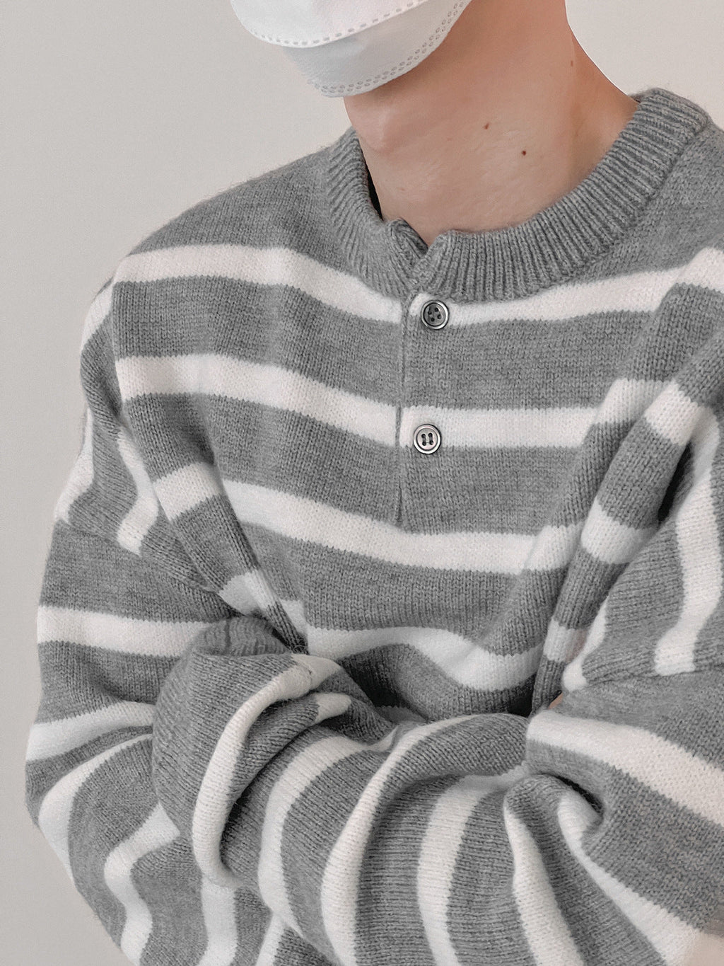 Textured Striped Sweater Boys Button Round Neck Autumn Leisure Sweater