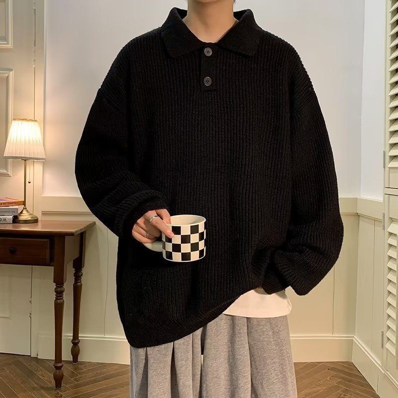 Polo Collar Sweater Men's American Retro Coffee Color High Sense Oversize Inner Sweater