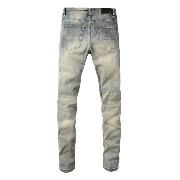 Meigao Street Vintage Crumpled Ripped Cat Beard Patch Printed Jeans Men