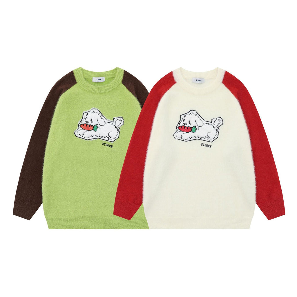 Sweet Cute Jacquard Furry Color-block Crew Neck Sweater