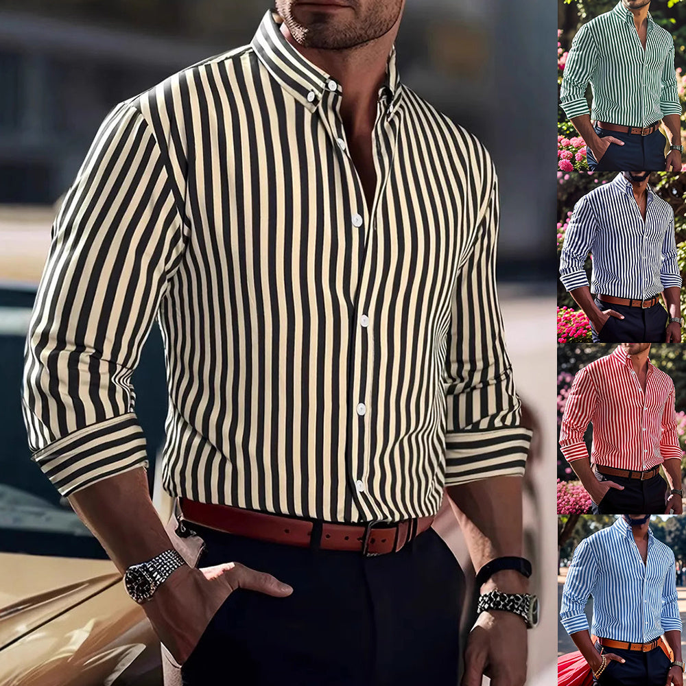 Ins Stripe Printed Long Sleeve Shirt Men