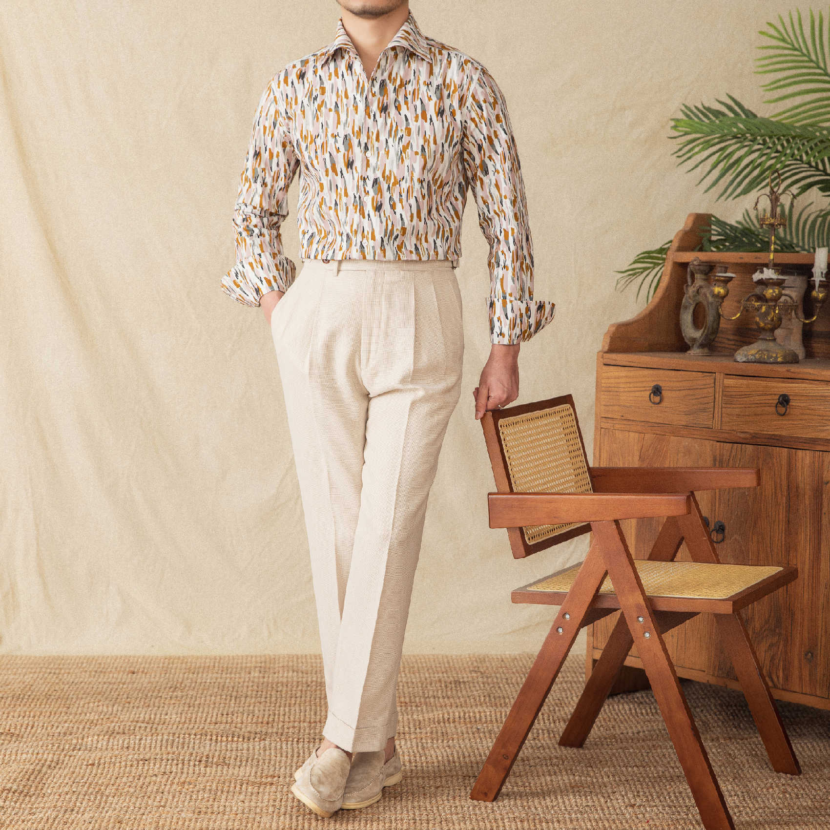 Men's Floral Long-sleeved Cardigan Cotton Shirt