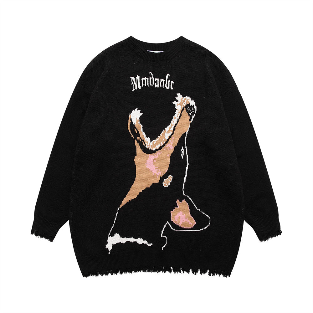 Loose Hem Jacquard Crew Neck Sweater Men's