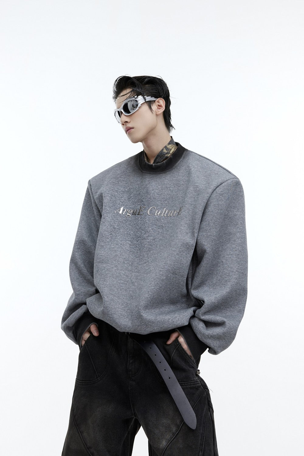 Worn Out Spray Painted Shoulder Padded Round Neck Hoodie