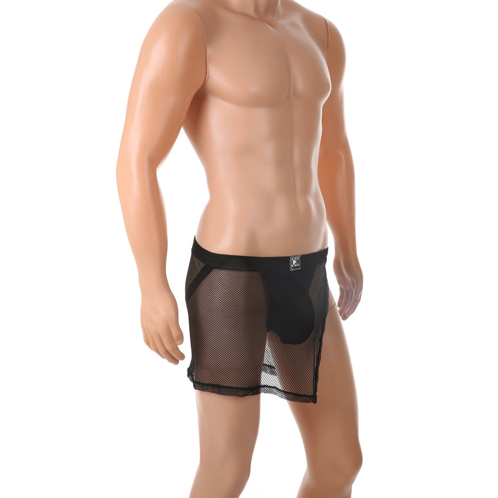 Men's Sexy Mesh G-string Skirt High Slit Side Open Transparent