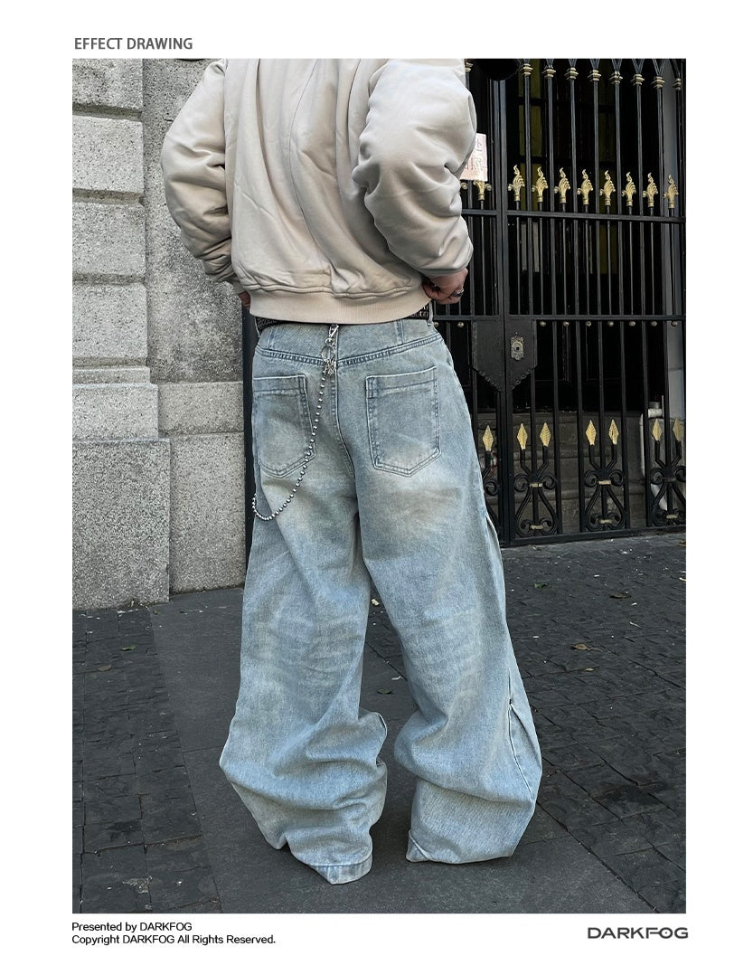 American-style Side Double-oblique Pleated Washed Wide-leg Jeans