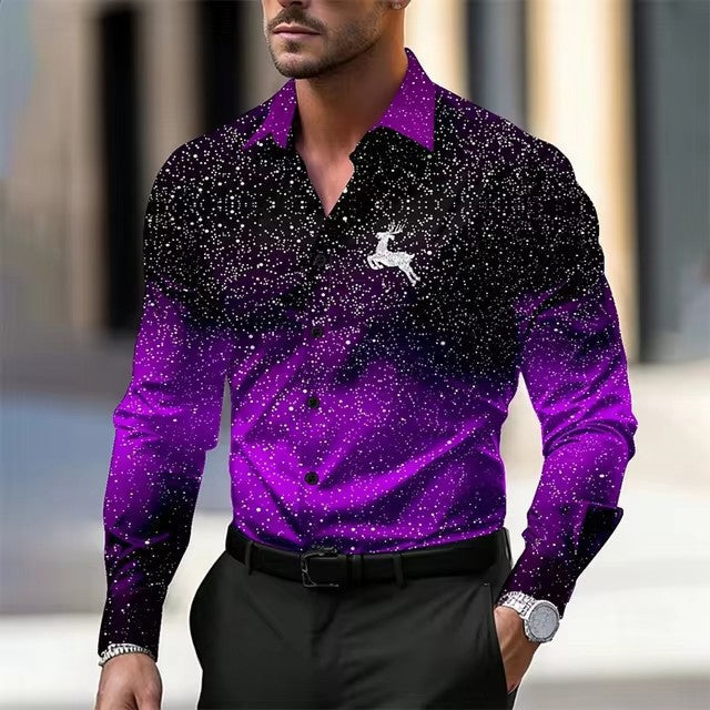 Multi-Color Gradient Christmas Men's Christmas Printed Shirt Long Sleeve