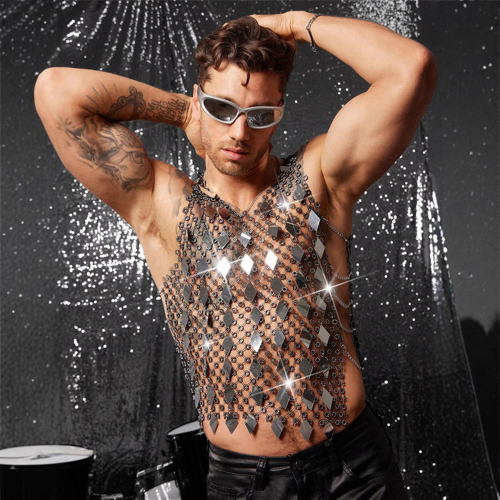 Men's Diamond Studded Fishing Net Hollow Diamond Bead Vest