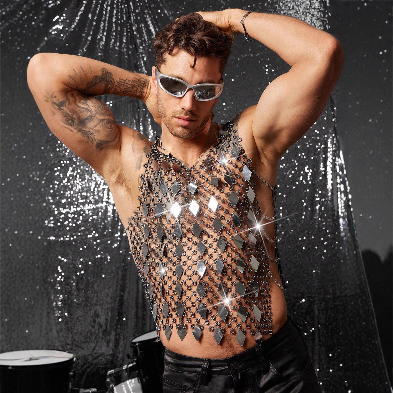 Men's Diamond Studded Fishing Net Hollow Diamond Bead Vest