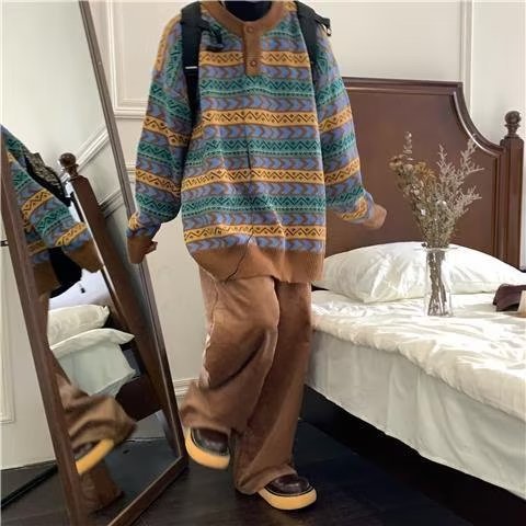 Winter Color Matching Plaid Knitwear For Men