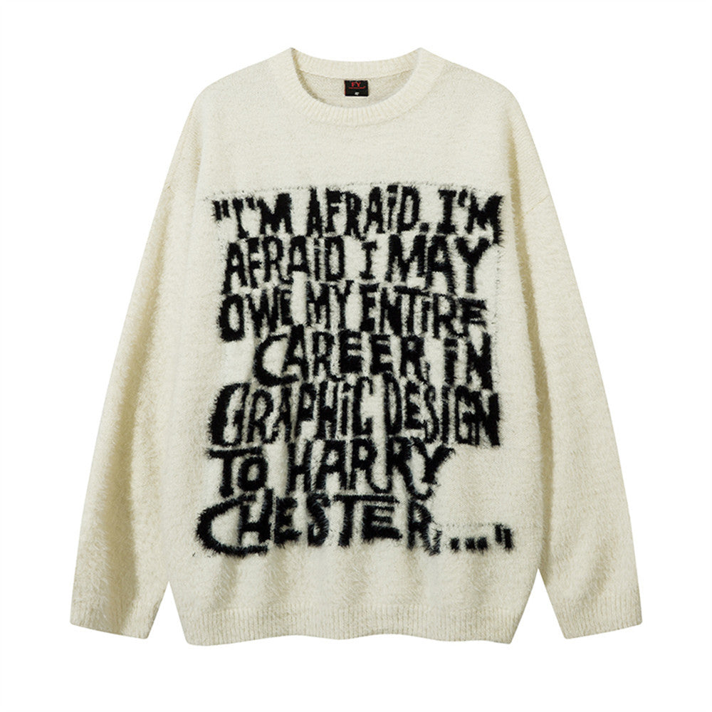 Letter Jacquard Loose Round Neck Sweater