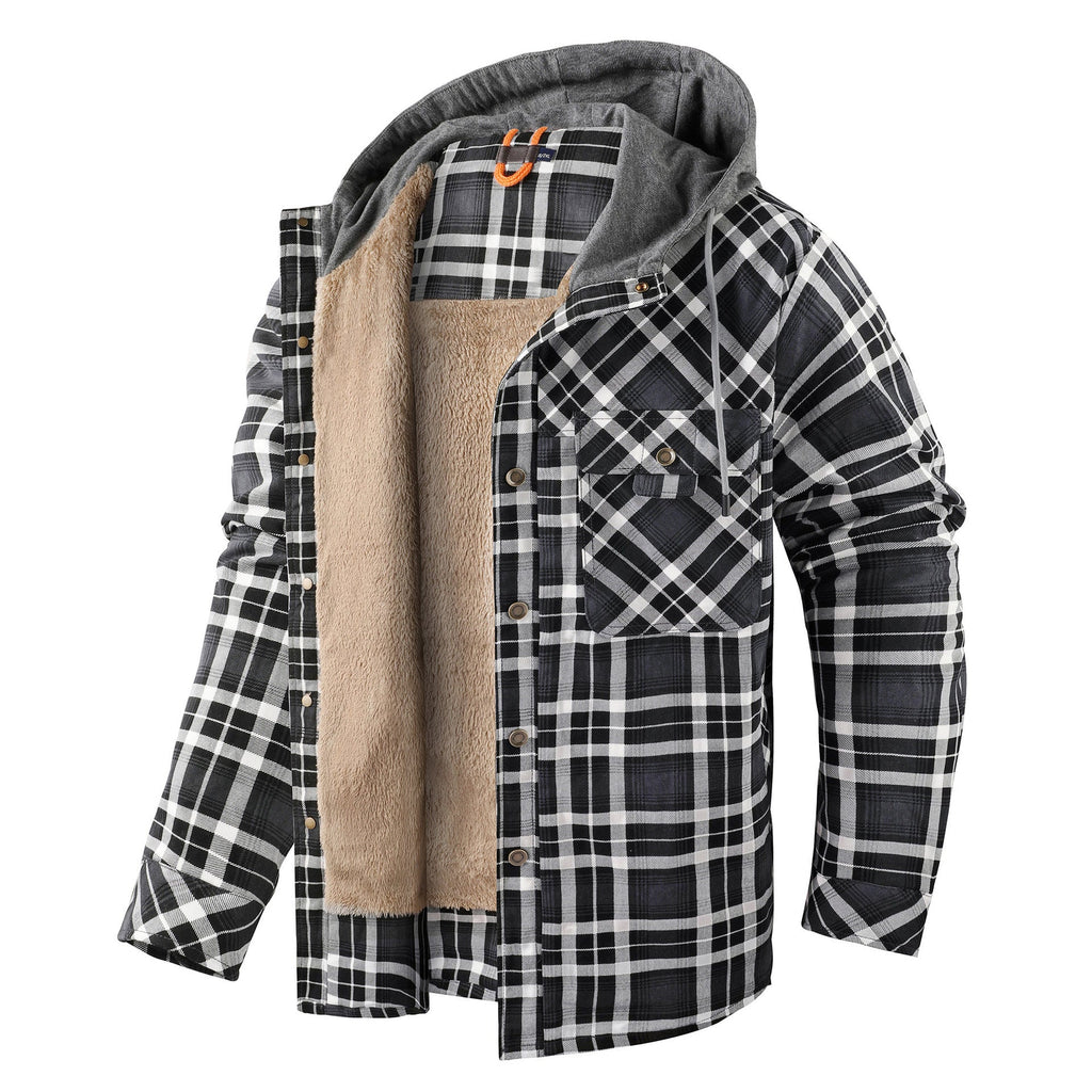 Men's Long-sleeved Fleece-lined Hooded Plaid Shirt Autumn Winter Coat Cotton-padded Jacket
