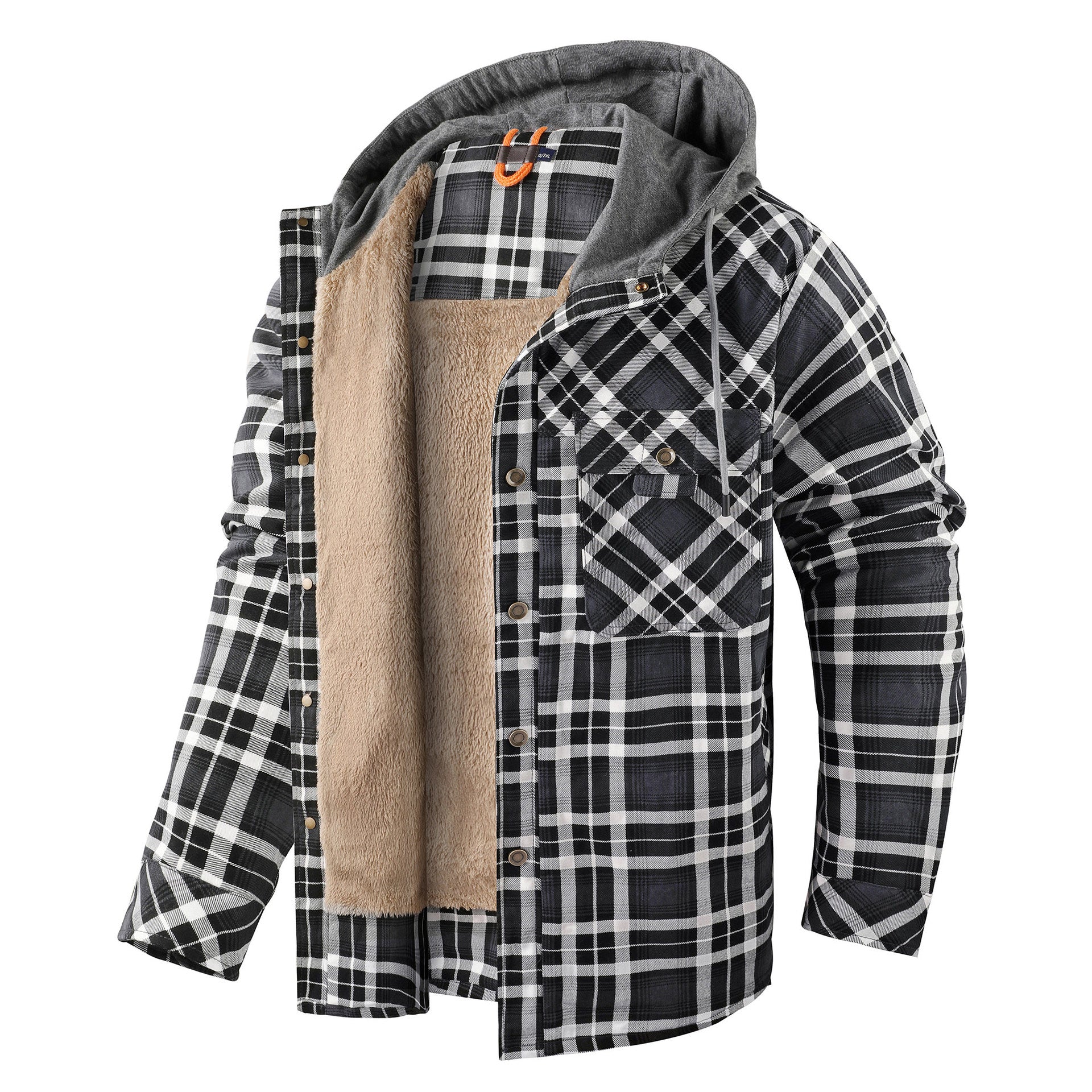 Men's Long-sleeved Fleece-lined Hooded Plaid Shirt Autumn Winter Coat Cotton-padded Jacket