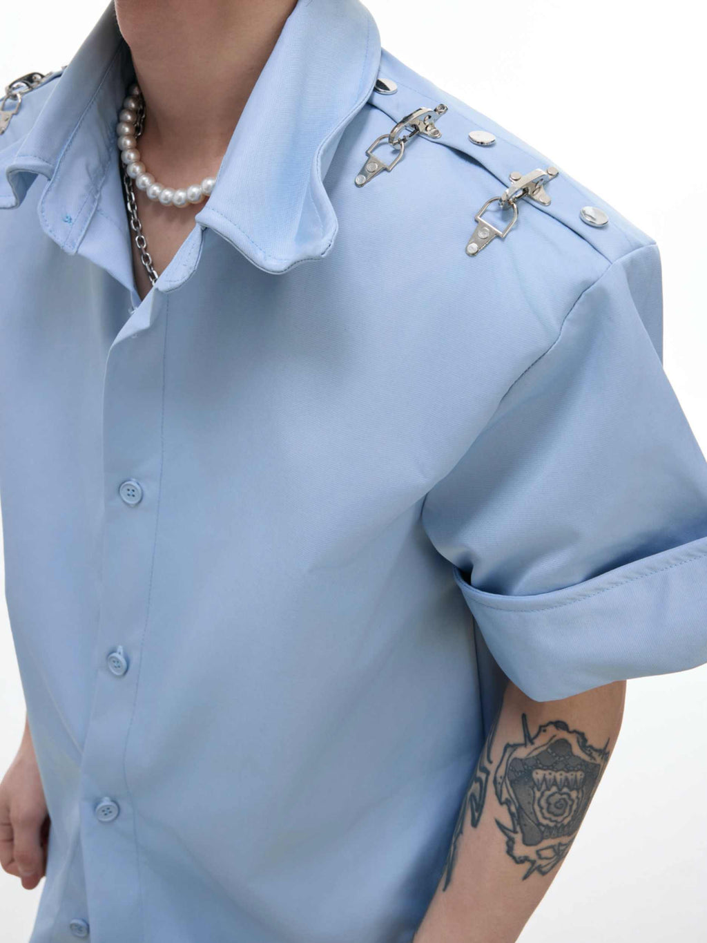 Niche Deconstruction Metal Buckle Design Short Sleeve Shirt Solid Color Simple Loose Cardigan
